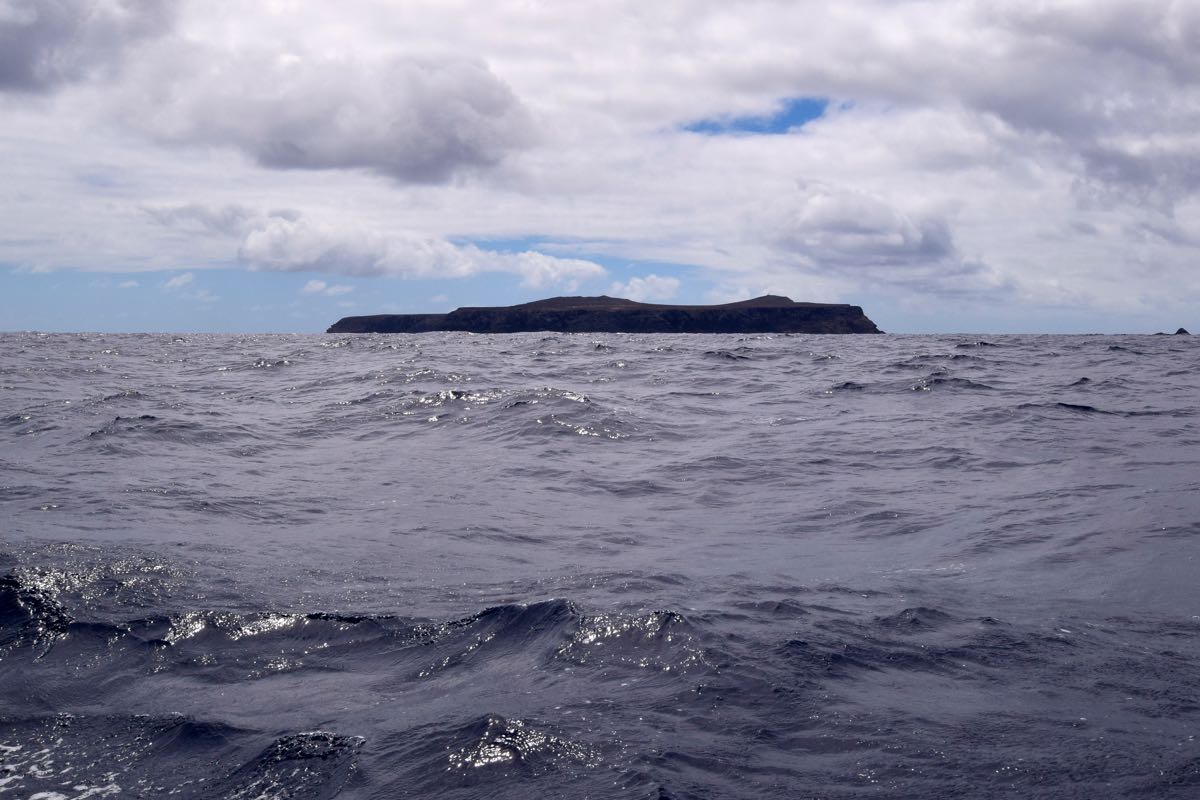 Insel mit zwei Bergen. Die Ilha Selvagem mit dem Pico da Atalaia (164 m) und dem Pico dos Tornezelos (136 m), von Norden her angesteuert.